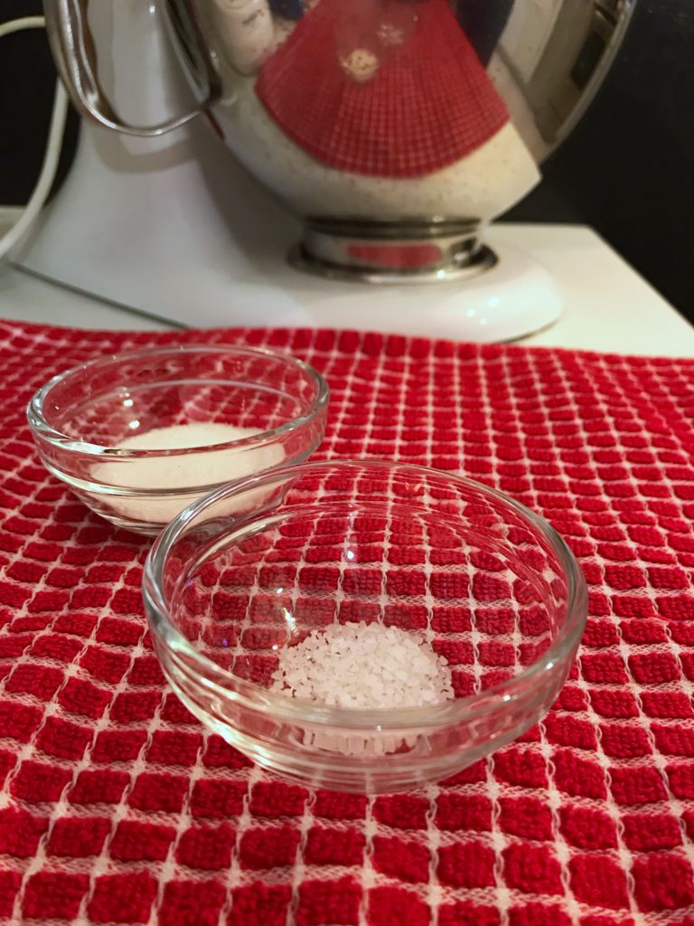 Glass prep bowls next to mixer.