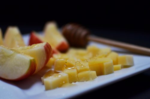 Diced cheese, sliced apples and honey