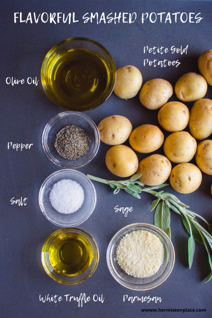 Ingredients for smashed potatoes that are labelled. 