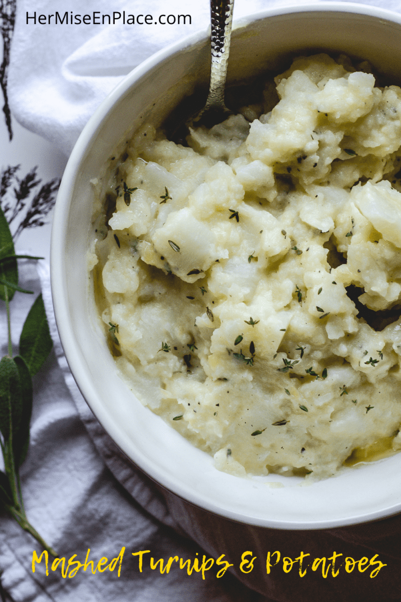 Mashed turnips and potatoes with yellow text of the recipe title. 