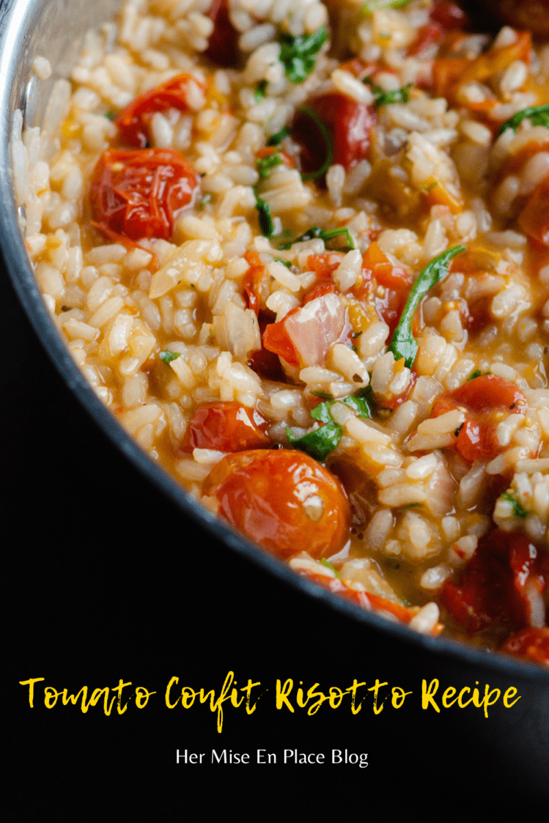 Pan of risotto with recipe title in yellow text. 
