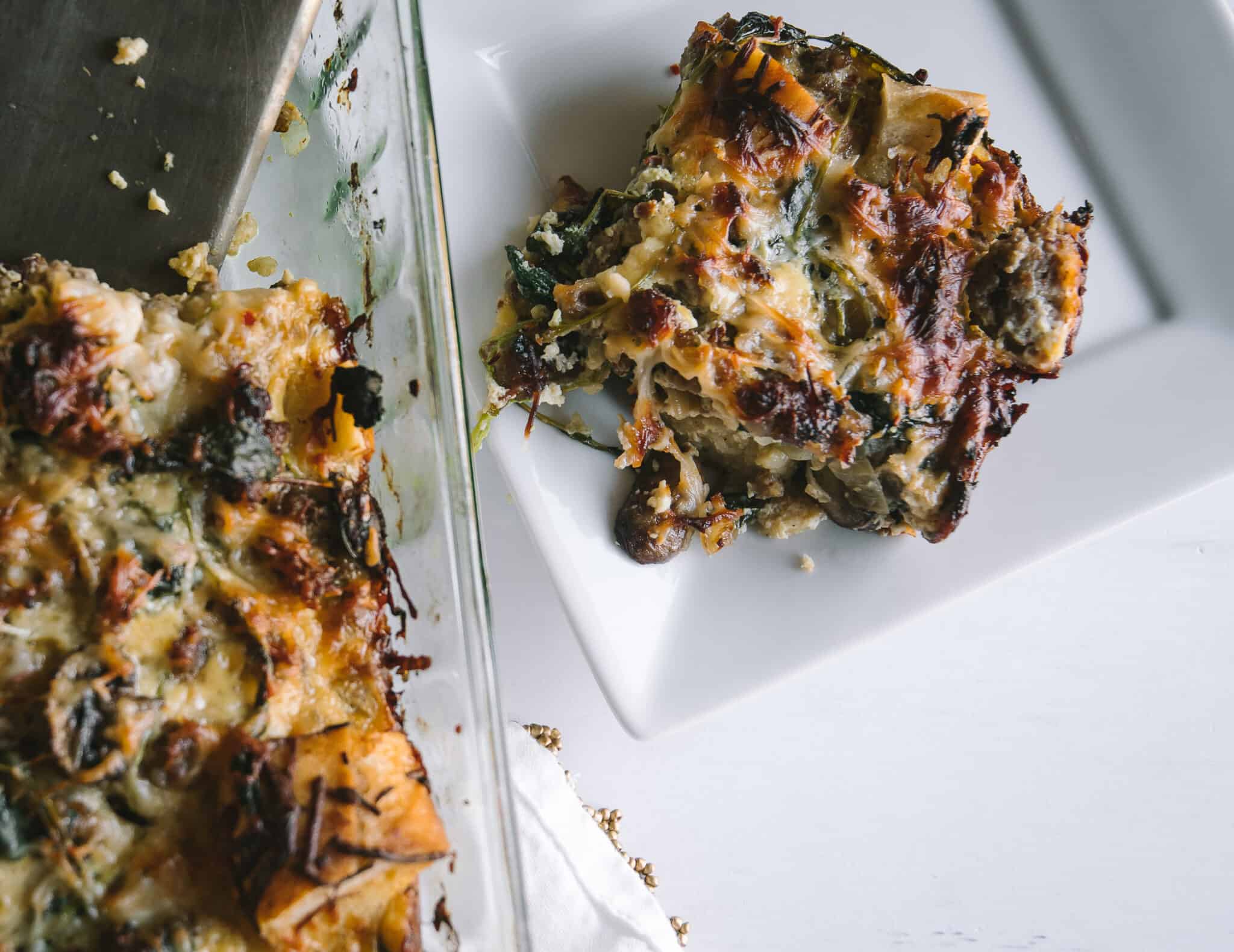 Cheesy Strata with Mushrooms, Kale and Sausage