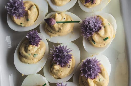 Platter of 12 chive and truffle deviled eggs.